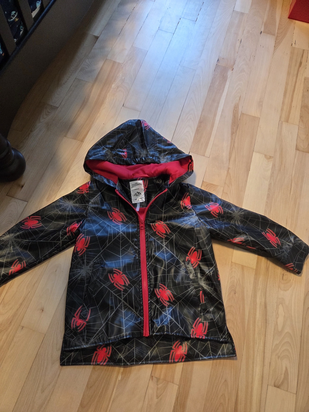 Kids Marvel Black Raincoat with Red Spider Print and Hood